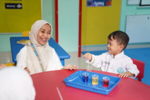 Potret seorang guru membimbing siswa dalam metode pembelajaran area